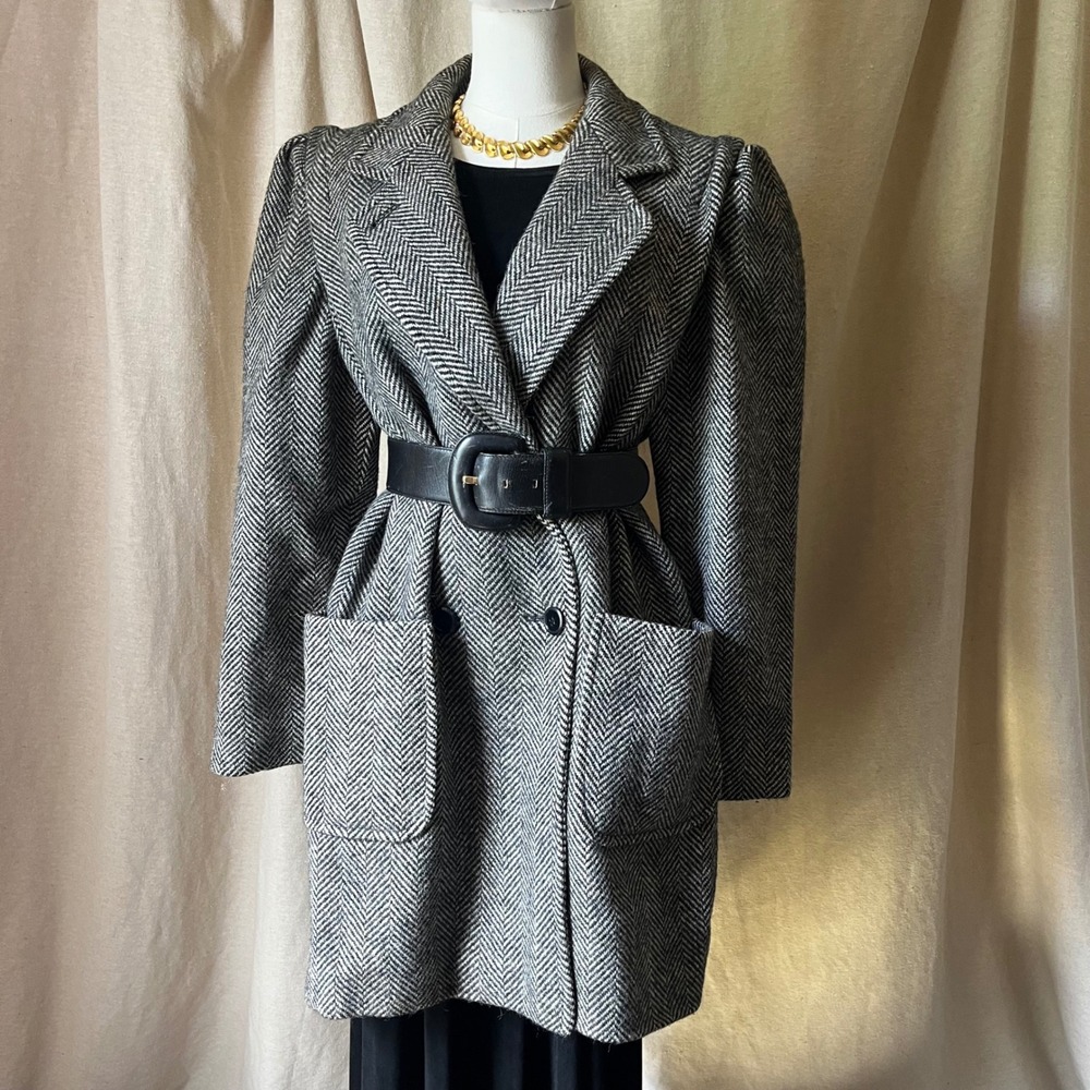 Vintage International Scene Pure New Wool Herringbone Coat Jacket 13/14